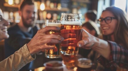 Multi-racial hipster friends drinking and toasting beer at brewery bar restaurant - Food and...