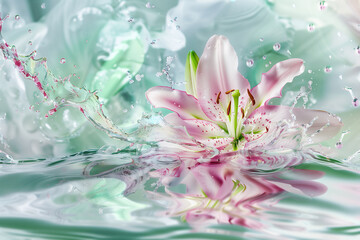 Pink tiger lily lying in the water, abstract background in pink and light green pastel colour