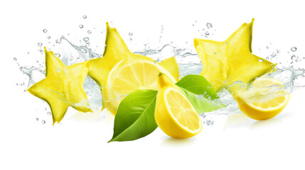 Starfruit Squash sliced pieces flying in the air with water splash isolated on transparent png.
