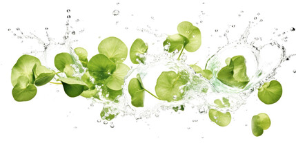 Sea grape sliced pieces flying in the air with water splash isolated on transparent png.
