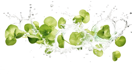 Sea grape sliced pieces flying in the air with water splash isolated on transparent png.
