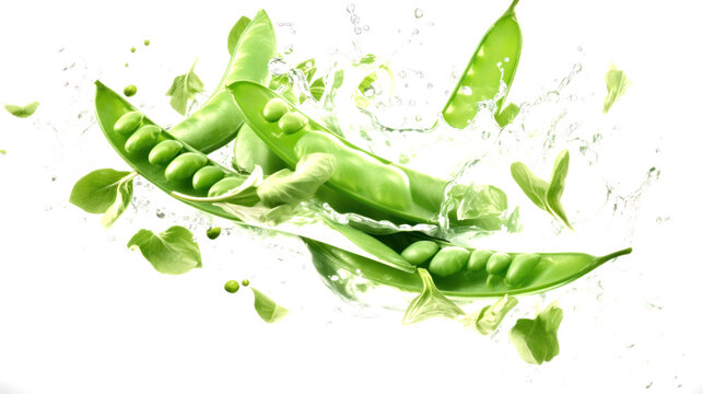 Snow pea sliced pieces flying in the air with water splash isolated on transparent png.
