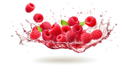 Raspberry sliced pieces flying in the air with water splash isolated on transparent png.
