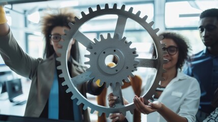 Office workers holding cog wheel as unity and teamwork in corporate workplace concept. Diverse colleague business people showing symbol of visionary system and mechanism for business - obrazy, fototapety, plakaty