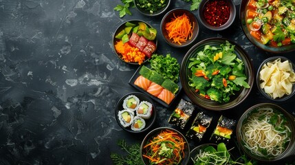 Assorted Sushi Dishes Arranged in a Circle