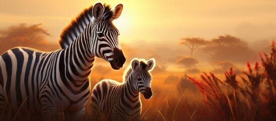 Fototapeta na wymiar Two zebras standing together in a grassland at sunset, under a sky filled with beautiful clouds, creating a stunning natural landscape