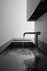 Kitchen Sink with Stainless Steel Tap and Flowing Water against White Background
