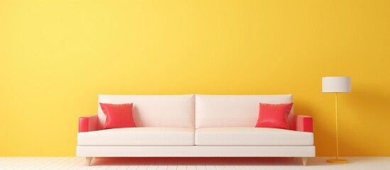 A living room with pastel yellow walls and a sleek white couch, set against a white wooden floor. The room is minimally decorated,