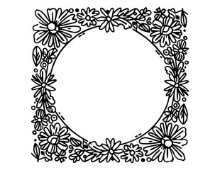 Floral Wreath branch in hand drawn style. Floral round black and white frame of twigs, leaves and flowers. Frames for the Valentine's day, wedding decor, logo and identity template.	