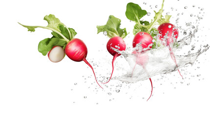 Radish sliced pieces flying in the air with water splash isolated on transparent png.
