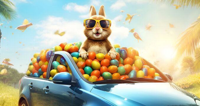 Cute Easter Bunny with sunglasses looking out of a car filed with Easter eggs.

