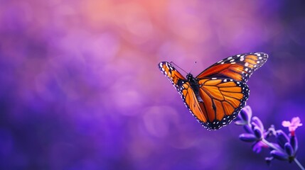 Butterfly with vibrant wings on a lavender background poised for flight offering serene copyspace