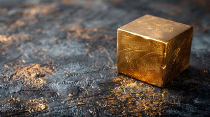 A golden cube is placed on a concrete floor, with a spotlight shining on it. - obrazy, fototapety, plakaty