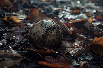 Autumn Farewell: A Weathered Baseball Amidst Fallen Leaves.