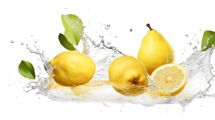 Quince  sliced pieces flying in the air with water splash isolated on transparent png.
