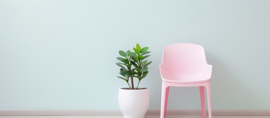 A pink plastic chair is positioned next to a potted plant in a minimalist style setting. The chair adds a pop of color against the green foliage of the plant.