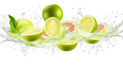 Pomelo sliced pieces flying in the air with water splash isolated on transparent png.
