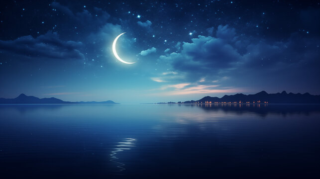 a Ramadan sky with stars and a crescent moon above a calm sea. Ramdan Kareem & Eid Mubark. 