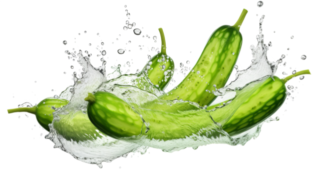 Pointed gourd sliced pieces flying in the air with water splash isolated on transparent png.

