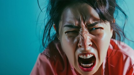 Portrait of angry pensive mad crazy stress asian woman screaming out (expression, facial), cry girl, beauty portrait of young panic burnout drama - obrazy, fototapety, plakaty