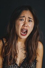 Portrait of angry pensive mad crazy stress asian woman screaming out (expression, facial), cry girl, beauty portrait of young panic burnout drama - 754922969