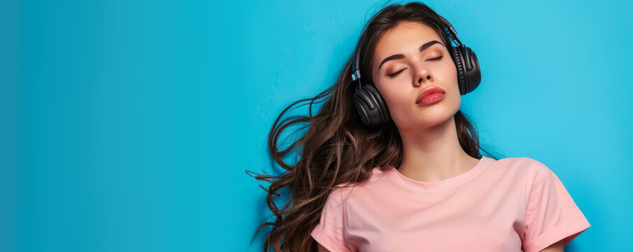 beautiful young woman in headphones. woman wearing headphones enjoys listening to music. on a blue background. advertising poster or banner