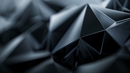 A dark abstract background with geometric shapes, rendered in the style of lowpoly. The surface is covered in triangular shapes that form complex patterns, creating shadows and highlights to give it a