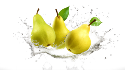 Pear ,sliced pieces flying in the air with water splash isolated on transparent png.