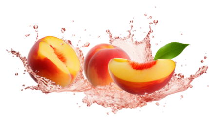 Peach sliced pieces flying in the air with water splash isolated on transparent png.