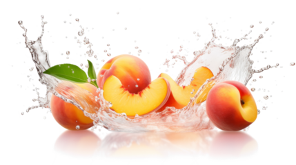 Peach sliced pieces flying in the air with water splash isolated on transparent png.