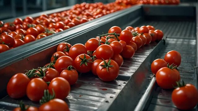 conveyor line with fresh tomatoes processing

