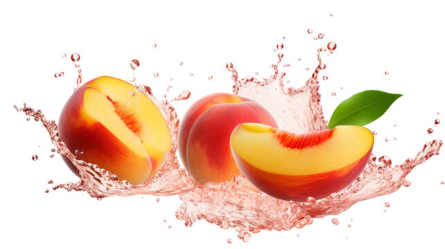 Peach sliced pieces flying in the air with water splash isolated on transparent png.