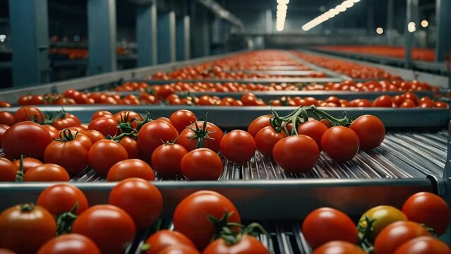 conveyor line with fresh tomatoes processing

