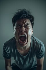 Portrait of angry pensive mad crazy stressed Asian man screaming out (expression, facial), cry girl, beauty portrait of young panic burnout drama