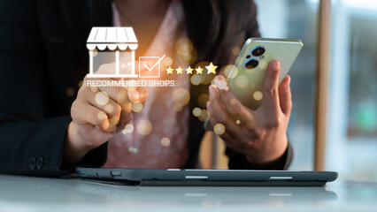 Customer Satisfaction Survey concept, 5-star satisfaction, Users Rate Service Experiences On shops...
