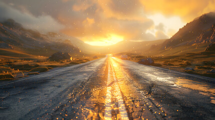 A long empty road stretches out in front of the viewer, surrounded by mountains and a sunset in the background.