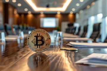 Innovative Bitcoin investment strategies presented in a corporate boardroom.