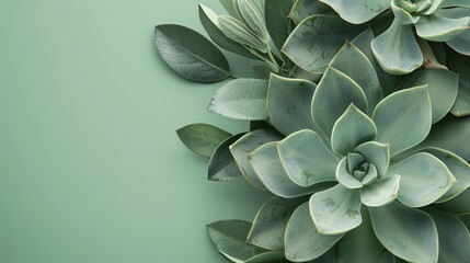Close up of succulent leaves patterns of nature on a soft sage green background with copyspace