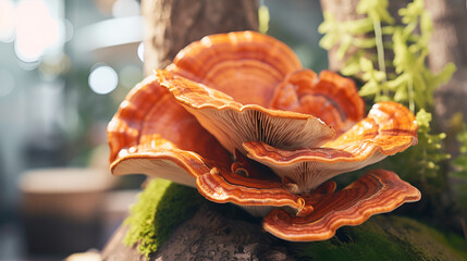 red reishi mushrooms close up on tree trunk growing in nature Ganoderma lucidum Translucid Mushroom, lingzhi mushroom Supplements adaptogen Alternative Oriental Medicine