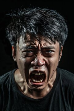 Portrait of angry pensive mad crazy stressed Asian man screaming out (expression, facial), cry girl, beauty portrait of young panic burnout drama