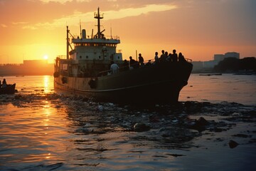 Fototapeta premium Ship equipped with net cleaning up plastic debris to combat global pollution issue in the ocean