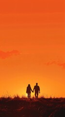 Obraz na płótnie Canvas Couple holding hands at sunset silhouettes against a vivid orange sky in a minimalist illustration style