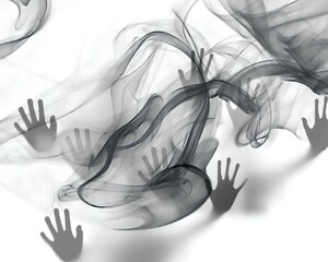 Human hands behind smoke with white background