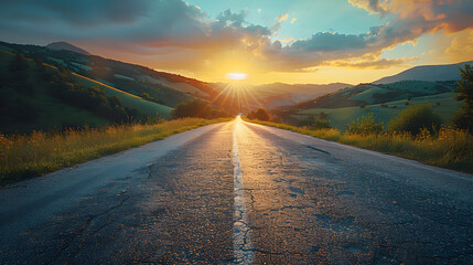 A long empty road stretches out in front of the viewer, surrounded by mountains and a sunset in the...