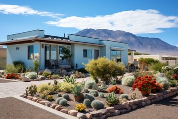 Modern eco-friendly suburban house with photovoltaic system and solar panels on gable roof
