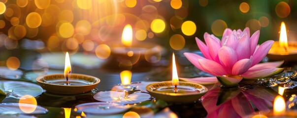 colorful cherry blossoms on water with burning candle bokeh background