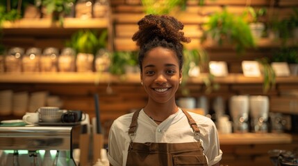 Young smiling girl with bread in the bakery.