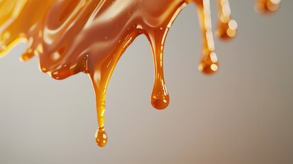 Glistening Caramel Drips on Neutral Backdrop, Macro shot captures the glossy texture and amber hue of caramel sauce mid-drip, against a soft-focus background - obrazy, fototapety, plakaty