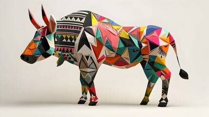 Vibrant African Pattern Water Buffalo Intricate Geometric Design, Full Body, Colorful Artistry on White