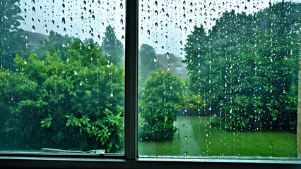 window in the rain, rain drops on the window, rainy day, AI generated